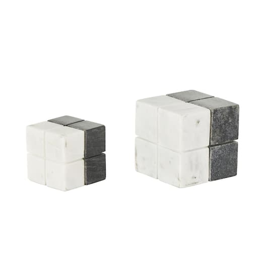 White Marble Geometric Dice Sculpture with Black Accent Set